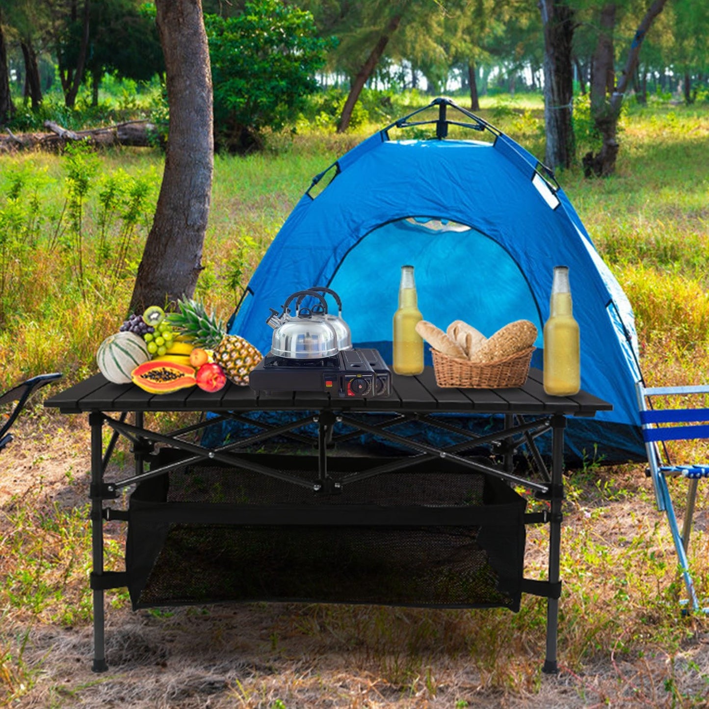 Folding Aluminum Camping Table with Mesh Storage Basket