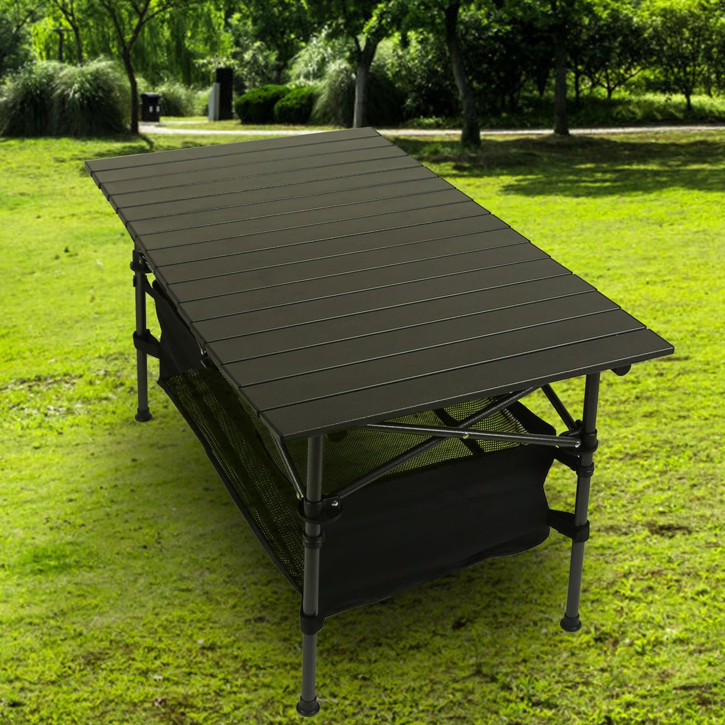 Folding Aluminum Camping Table with Mesh Storage Basket