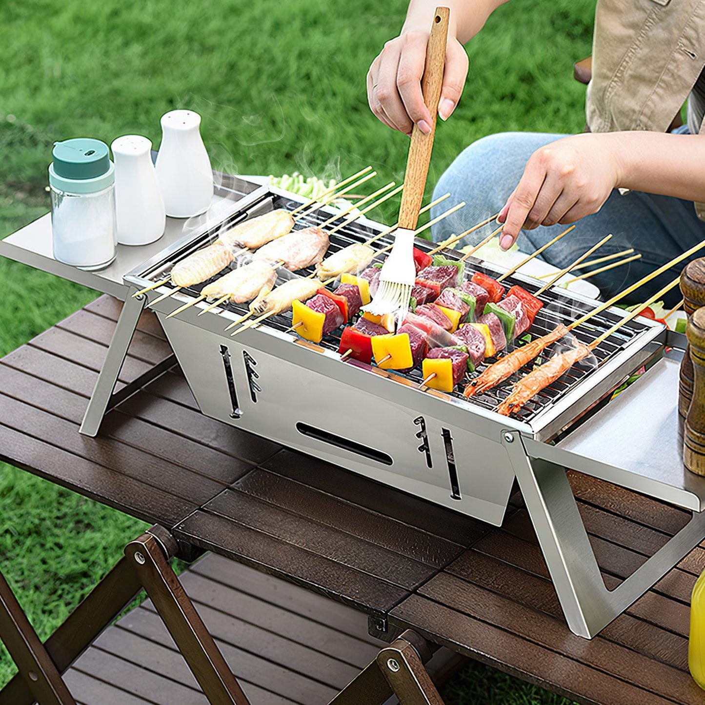 3-in-1 Foldable Charcoal Grill, Fire Pit & Slow Cooker – Portable Stainless Steel BBQ