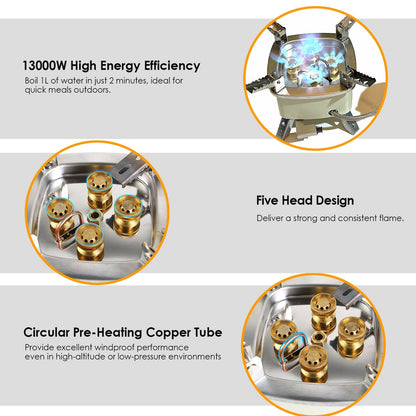 13000W Windproof Camping Stove – 5-Head Burner, Piezo Ignition, High-Altitude Ready