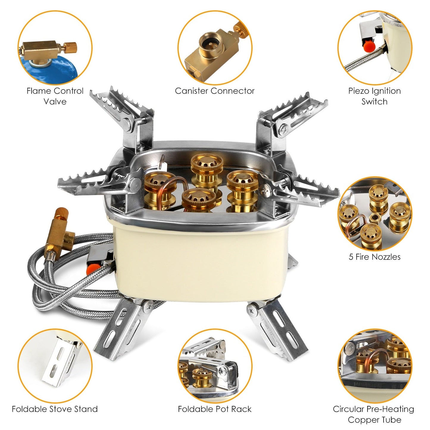 13000W Windproof Camping Stove – 5-Head Burner, Piezo Ignition, High-Altitude Ready