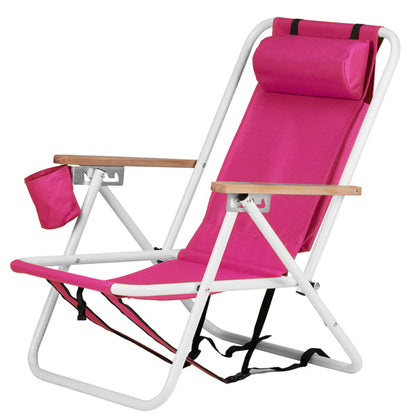 Folding Beach Chair with Backpack Straps – 4-Position Recline, Wooden Armrests, Cup Holder & 265 lb Capacity