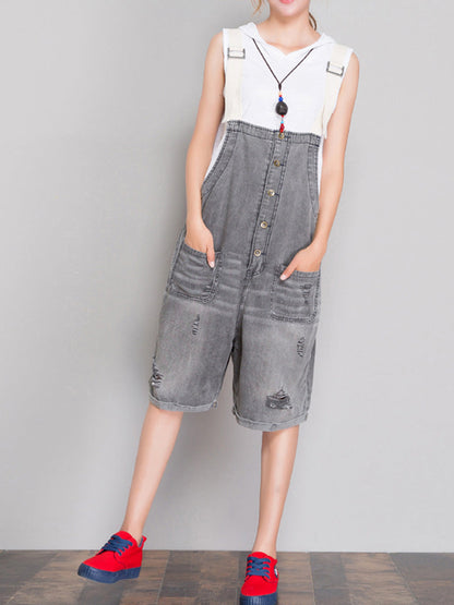 Distressed Grey Denim Romper - Button Front Style