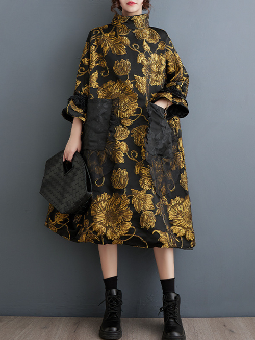 Women's Double-Layer Flower Front Pockets Midi dress