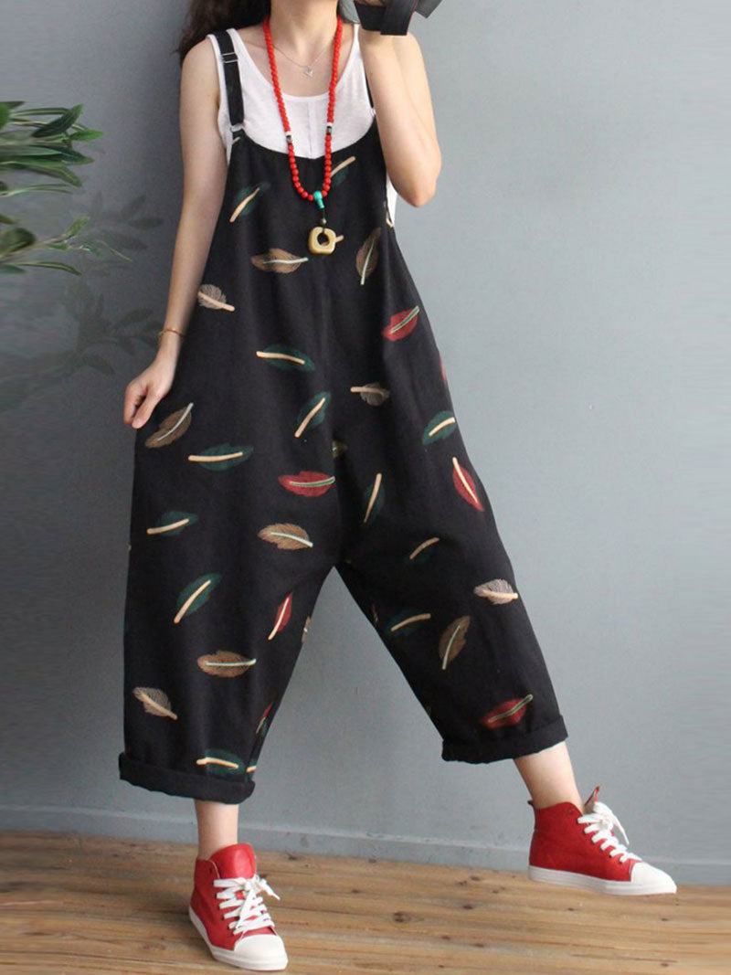 Feather Print Harem Dungarees - Adjustable Strap Relaxed Fit