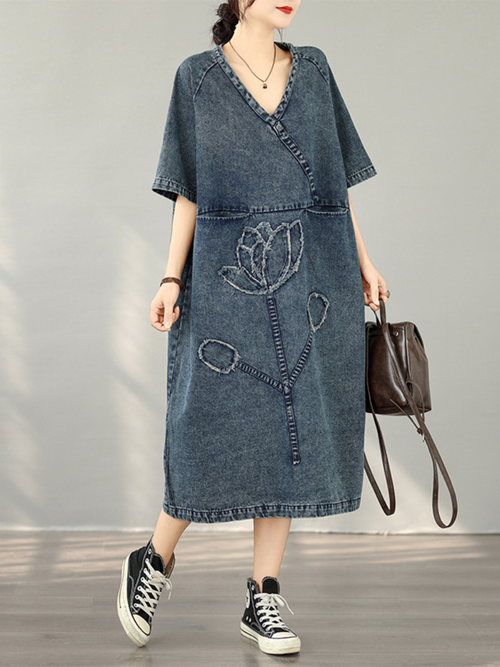 Artful Bloom Denim Dress, Relaxed V-Neck Midi in Washed Cotton