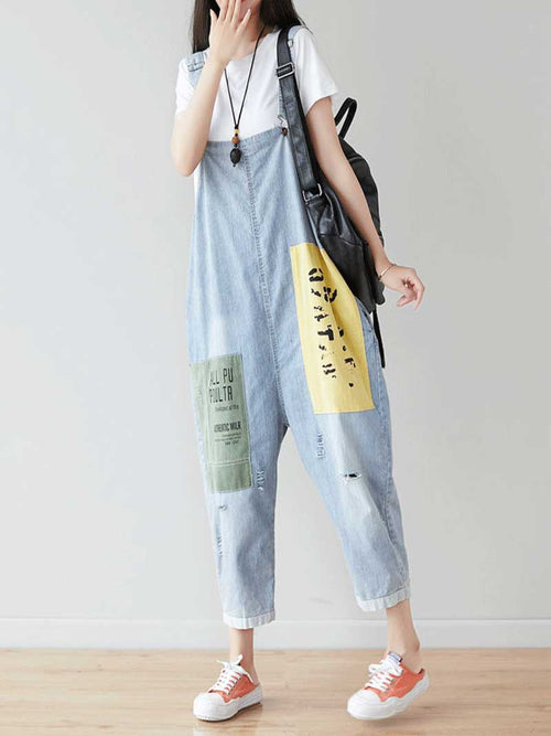 Drop Crotch Denim Dungarees with Adjustable Straps