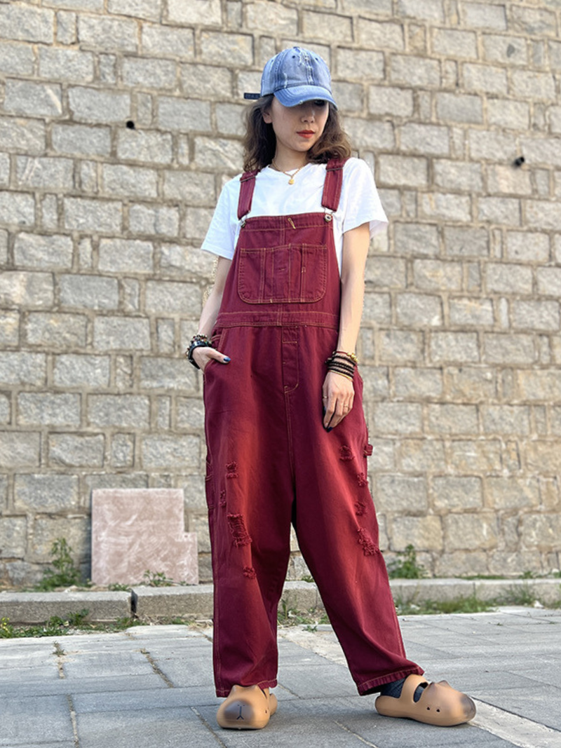 Elegant Distressed Denim Overalls for Women with Pockets - Eva Trends