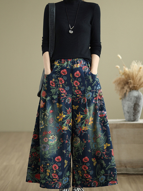 Women's Casual Elegance Perfected by Flowers Printed Bottom