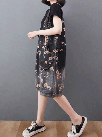 Knee-Length Floral Denim Dungaress - Deep V Bib Design