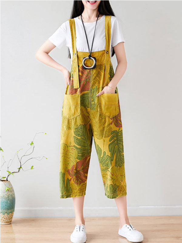 Tropical Leaf Print Cotton Overalls