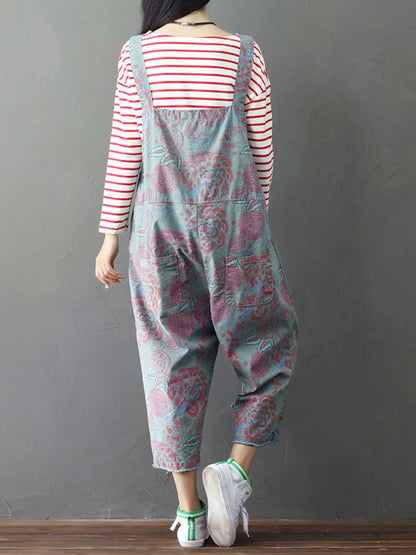 Floral Printed Denim Overalls - Casual Comfort | Eva Trends