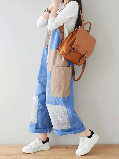 Button Front Denim Dungarees with Contrast Panel Details