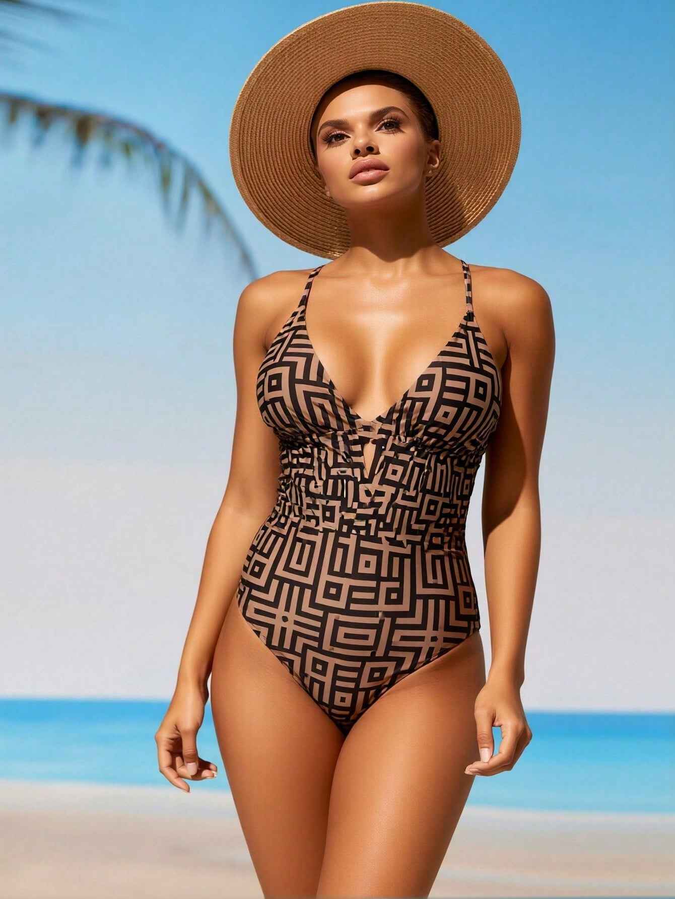Women's Plaid Print Backless Bow One-Piece Swimsuit