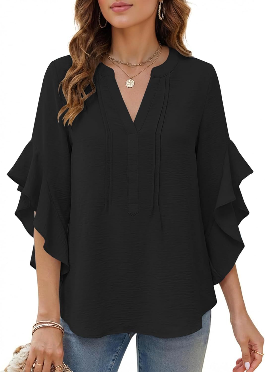 Women's V-Neck Ruffle-Sleeve Loose Casual Shirt – 5 Colors