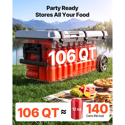 Hard Cooler 106QT Portable Rolling Cooler with Wheels