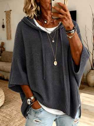 Women's Knitted Hooded Drawstring Sweater – Casual Cozy Pullover