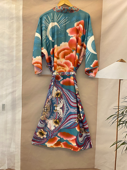 Elegant Silk Floral Moon Print Kimono | Eva Trends