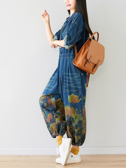 Loose Fit Floral Denim Jumpsuit for Women - Balloon Leg Style