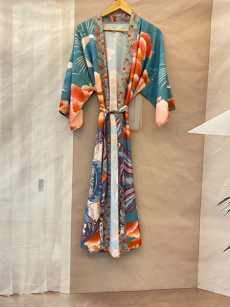Elegant Silk Floral Moon Print Kimono | Eva Trends
