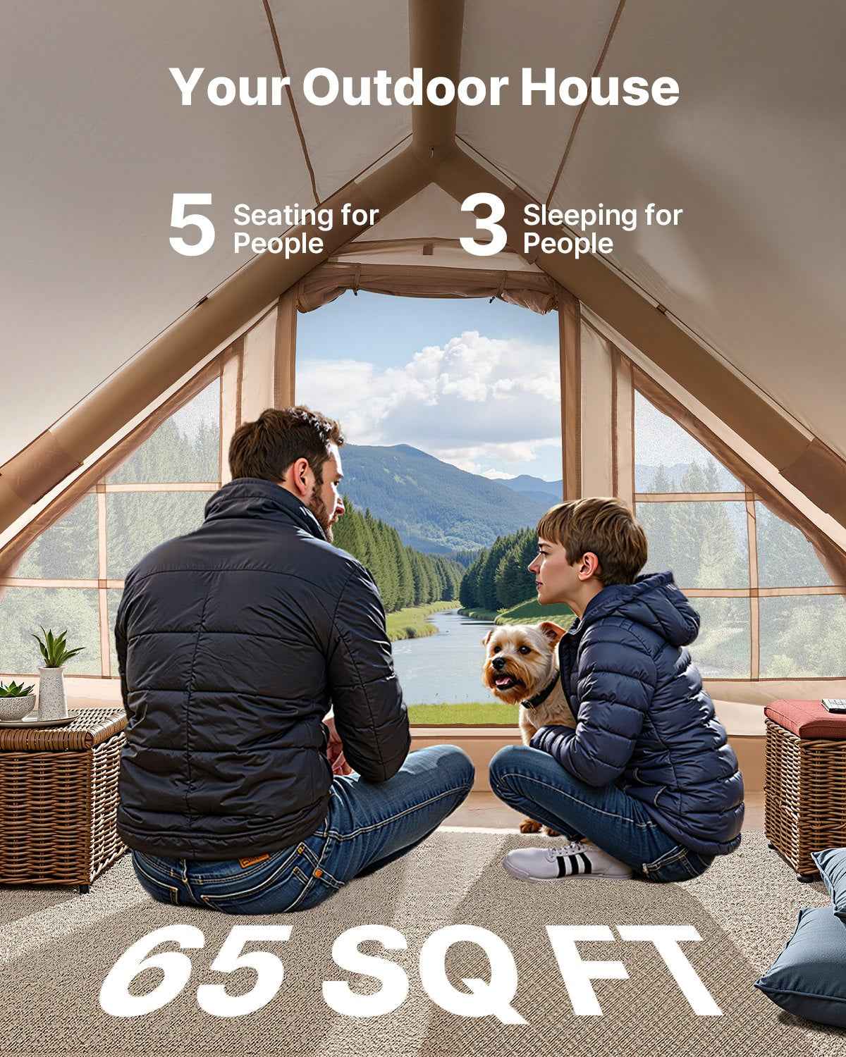 3–5 Person Inflatable Glamping Tent – 4-Season 300D Oxford Blow-Up Tent with Stove Jack & Hand Pump