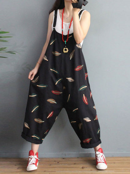 Feather Print Harem Dungarees - Adjustable Strap Relaxed Fit