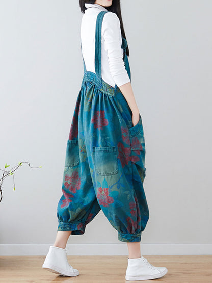 Watercolor Floral Denim Dingarees | Distresses Barrel-Leg Fit