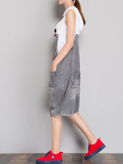 Distressed Grey Denim Romper - Button Front Style