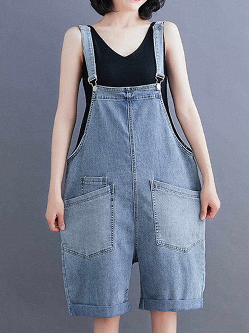 Bib Front Denim Romper Dungarees | Knee-Length Design
