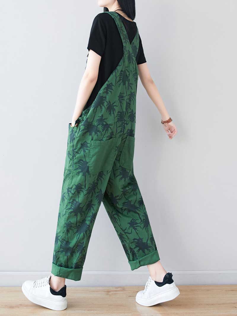 Palm Print Cotton Overalls - Adjustable Workwera | Eva Trends