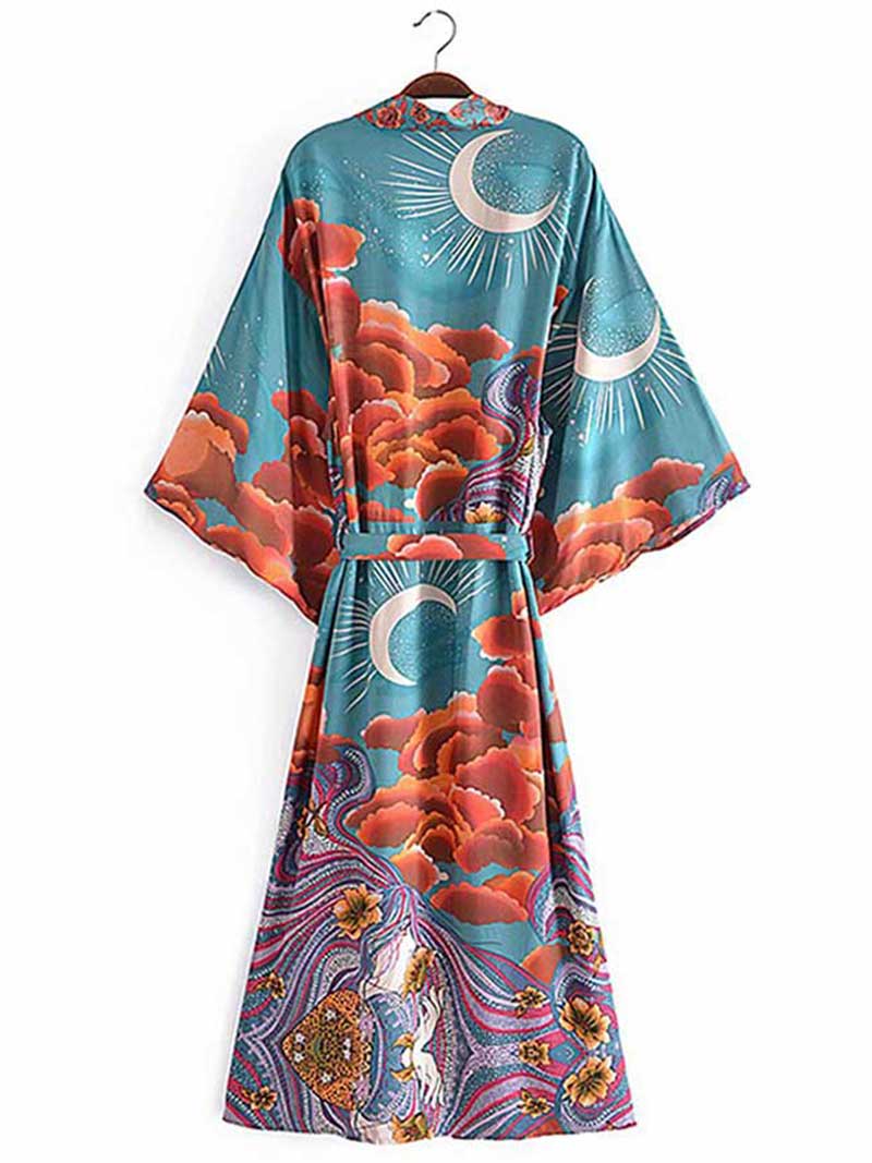 Elegant Silk Floral Moon Print Kimono | Eva Trends