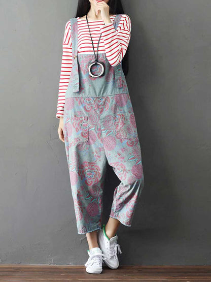 Floral Printed Denim Overalls - Casual Comfort | Eva Trends