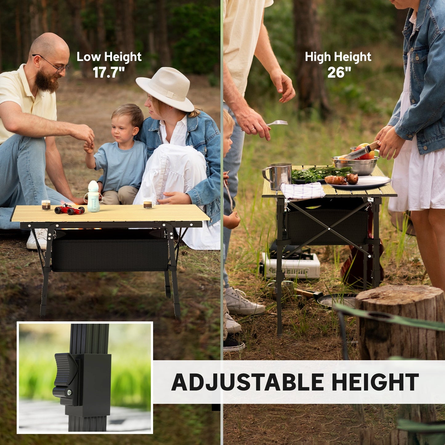 Aluminum Folding Camping Table with Storage Basket – Adjustable Height, 66 lb.