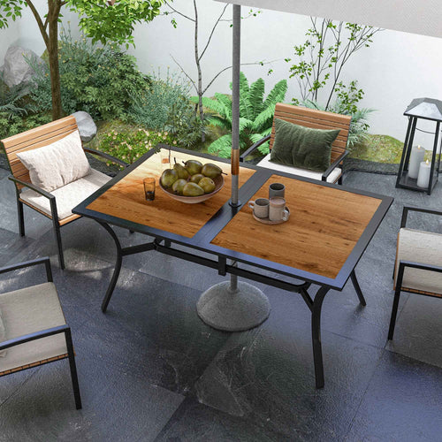 Rectangular Patio Dining Table for 6 | Faux Wood with Umbrella Hole, 59x35.5"