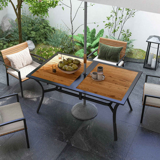 Rectangular Patio Dining Table for 6 | Faux Wood with Umbrella Hole, 59x35.5"
