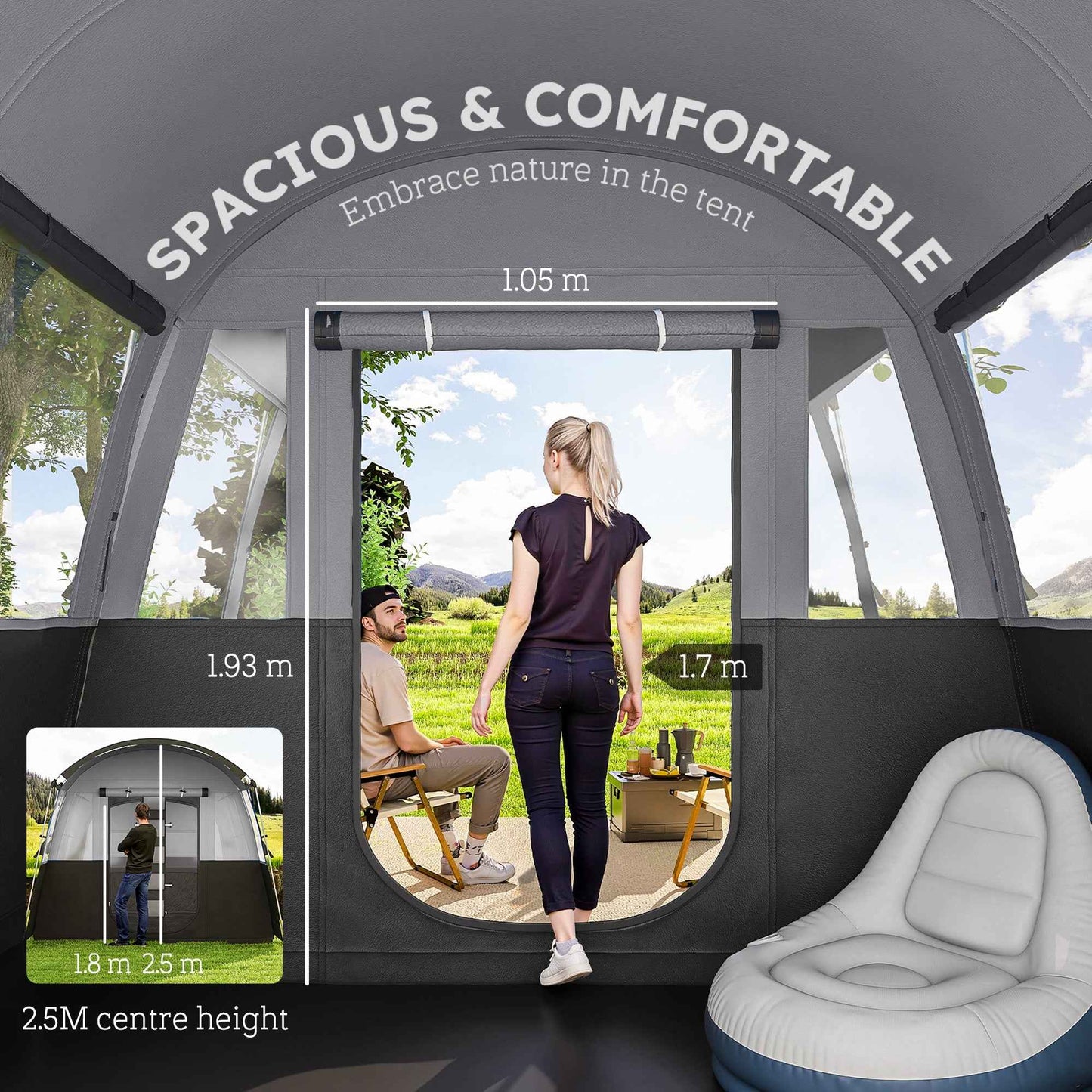 8-Person Tunnel Camping Tent – 3000mm Waterproof with Removable Divider & 4 Windows | Dark Grey
