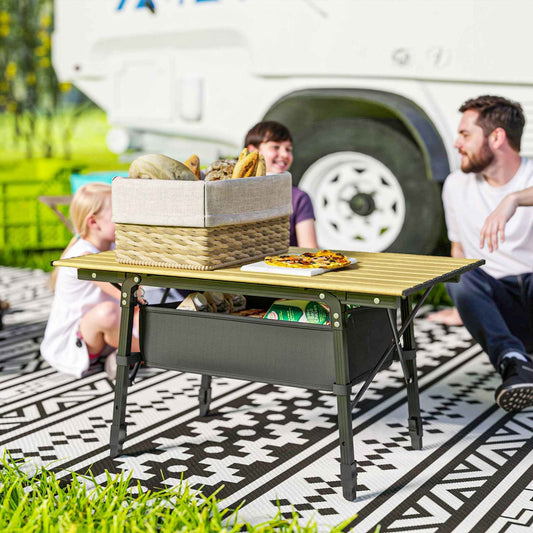 Aluminum Folding Camping Table with Storage Basket – Adjustable Height, 66 lb.