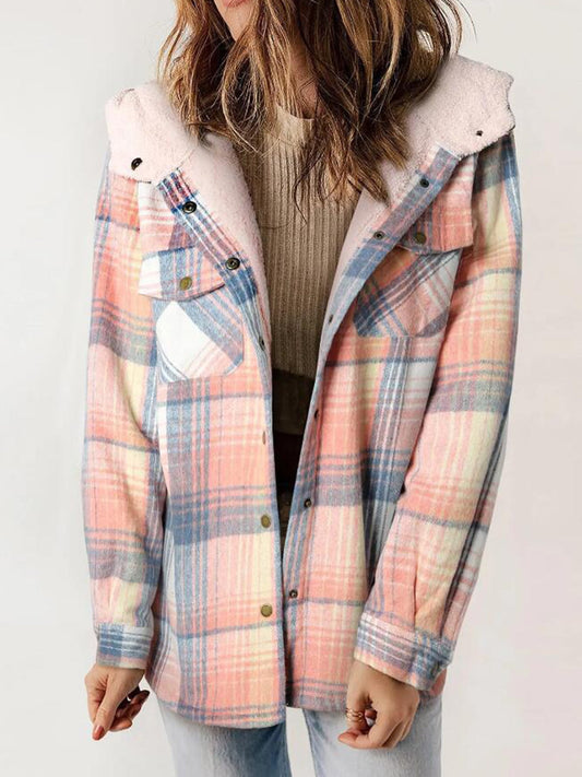 Women's Fleece-Lined Plaid Hooded Jacket with Pockets – Pink