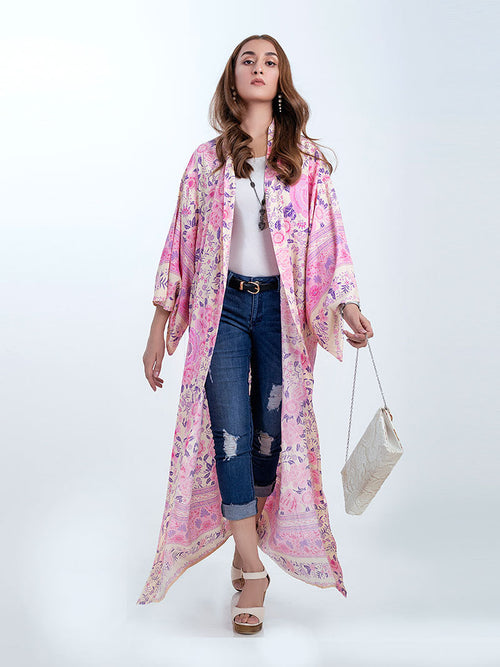Partywear & Beachwear Floral Print Pink Color Cotton Long Length Gown Kimono Duster Robe