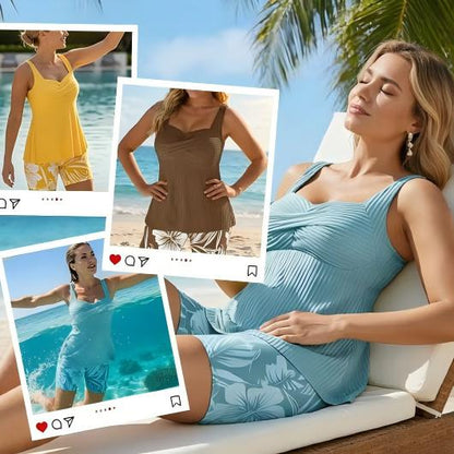 üî•üî•üî•Two-piece Body Covering Surplice Tankini Printed Boxer Swimsuit