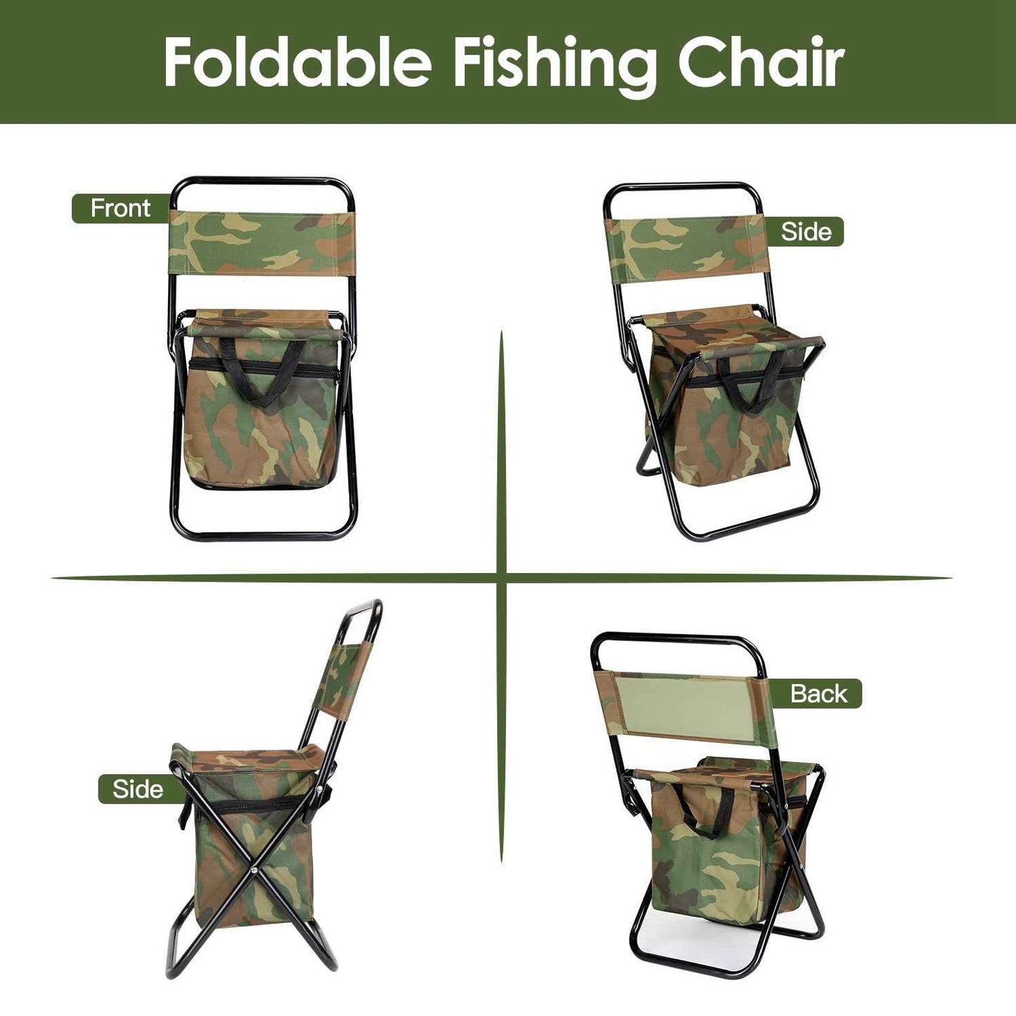 Foldable Fishing Chair with Backrest & Built-In 10L Cooler Bag