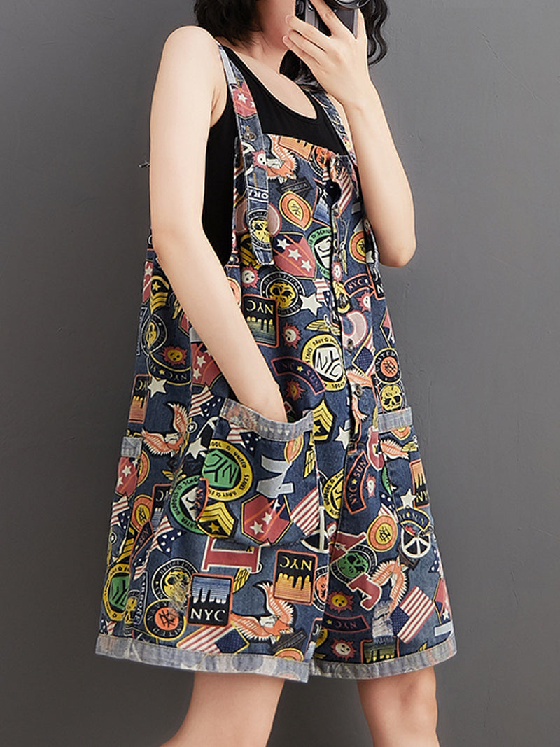 Graphic Print Short Dungarees - NYC Patchwork Denim Style