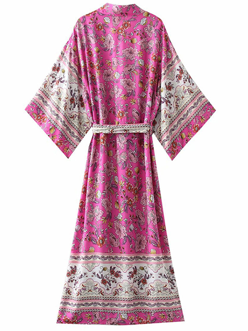 Plant Flowers Print Rose-Red Color Cotton Long Length Gown Kimono Duster Robe