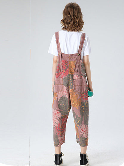Tropical Leaf Cotton Dungarees -  Ankle-Length Overalls