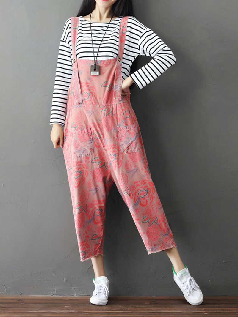Floral Printed Denim Overalls - Casual Comfort | Eva Trends