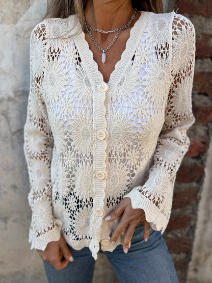 üèÜFlash Sale‚ö° 50K+ SOLD! Almost Gone-üí•Cutout Embroidered V-Neck Button Long Sleeve Top,Best gifts