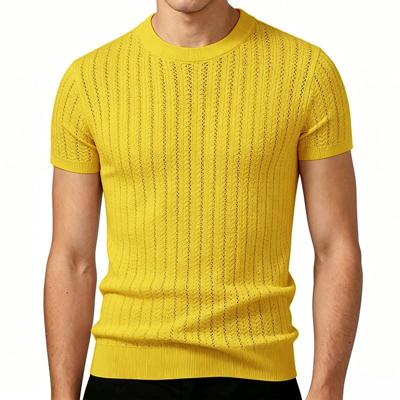 Men's Striped Rayon Knit Short-Sleeve Sweater