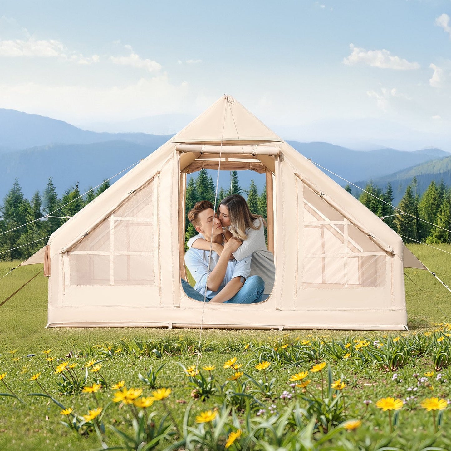 3–5 Person Inflatable Glamping Tent – Easy 15-Min Setup with Hand Pump & Carry Bag | Beige