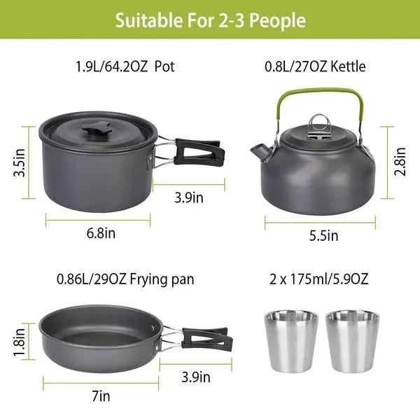 12-Piece Camping Cookware Set – Anodized Aluminum Pot, Frying Pan, Kettle, Cups & Cutlery with Carabiner Bag