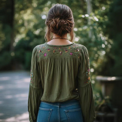 Women's Embroidered Floral Cotton Top with Bishop Sleeves – Green